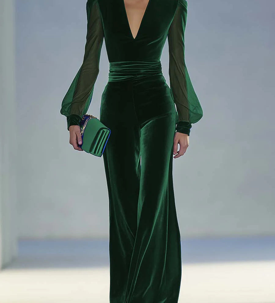 Sabrina - Hosszú bársonyos overall V-nyakkal és hosszú hálós ujjakkal, elegáns és retró