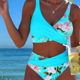 Kontrasztos virágmintás bikini és hasíték
