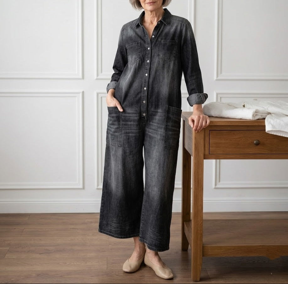 Diana | Vintage Mosott Puha Pamut Farmer Overall Gombos Záródással
