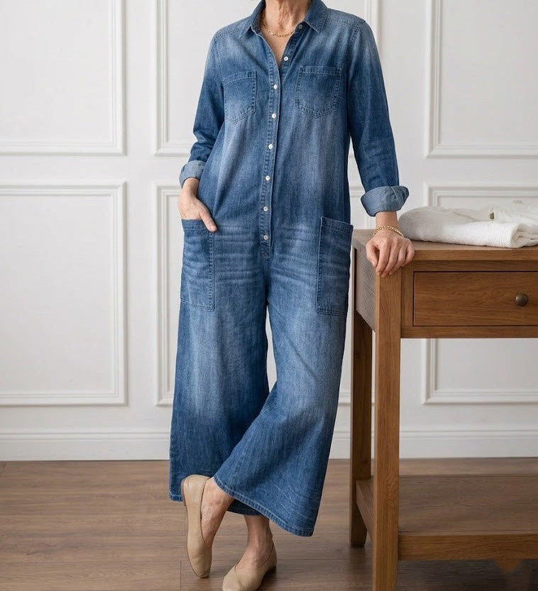 Diana | Vintage Mosott Puha Pamut Farmer Overall Gombos Záródással